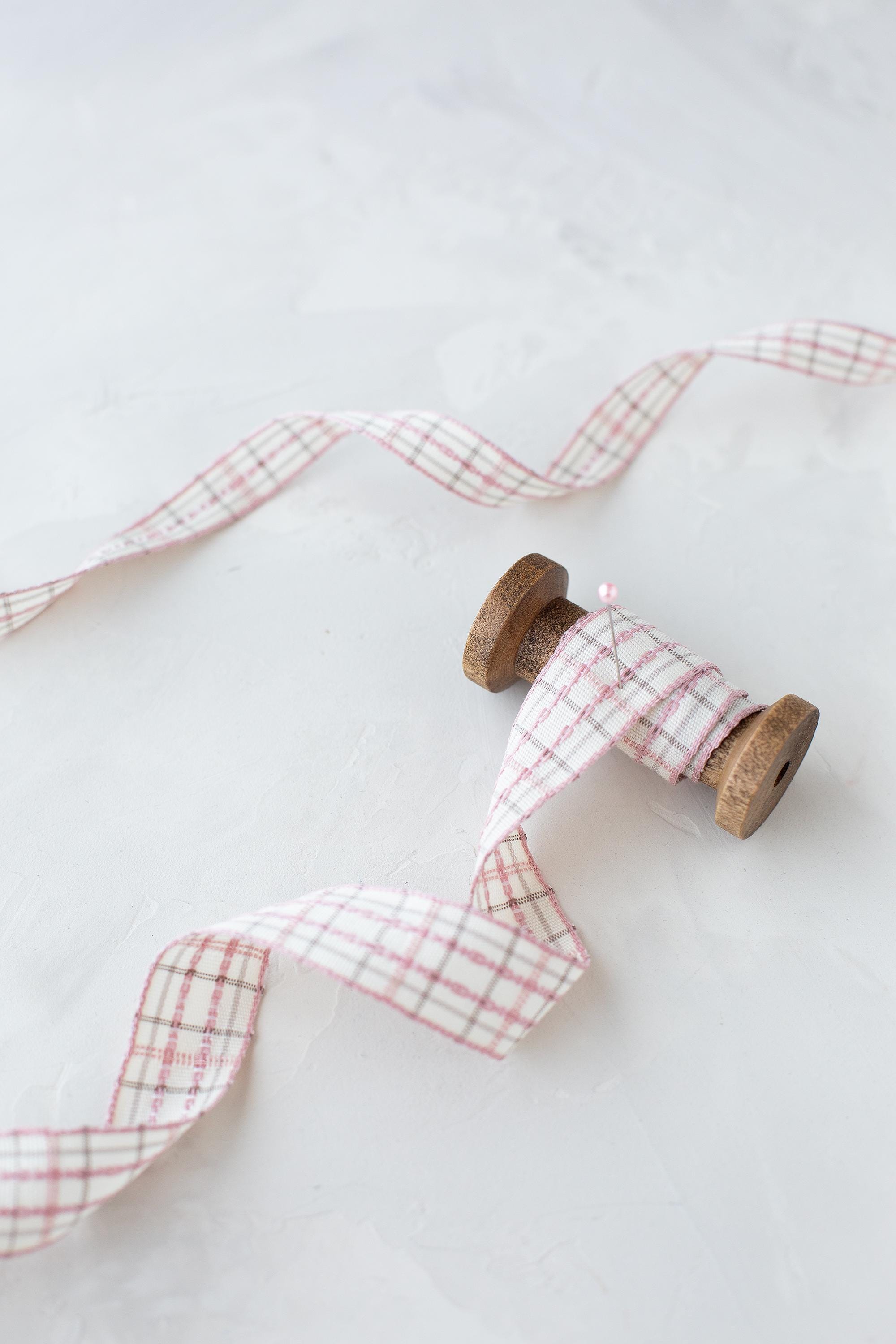 Pink Plaid Pattern Ribbon Pink + Natural Embroidered Plaid Woven Ribbon • 5/8