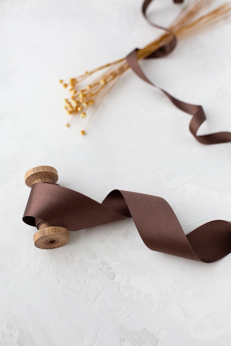 Coiled Ribbons Dark Brown Silk Satin Ribbon: Double-faced, Woven Edge • 1/8