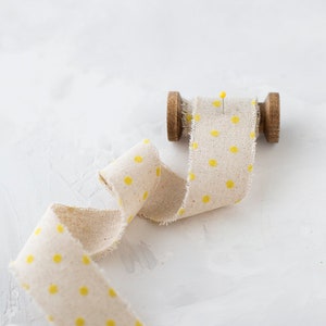 Yellow Velvet Polka Dots on Natural Linen-Cotton Blend Frayed Ribbon 1.5 image 1