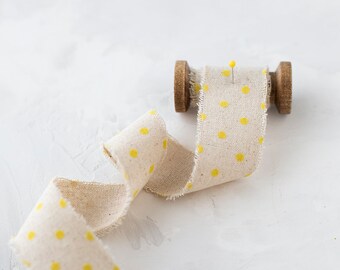 Yellow Velvet Polka Dots on Natural Linen-Cotton Blend Frayed Ribbon • 1.5"