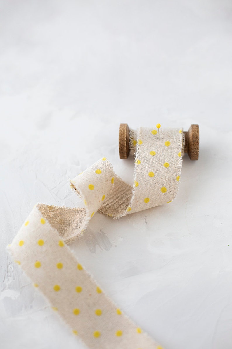 Yellow Velvet Polka Dots on Natural Linen-Cotton Blend Frayed Ribbon 1.5 image 1