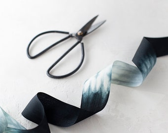 Black + White Dip-Dye Variegated Two-Tone Hand-Dyed Habutai Silk Ribbon • 1/4" • 1.25"