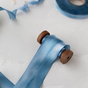 Sea Blue Variegated Bias-Cut Hand-Dyed Silk Charmeuse Ribbon 1/2 5/8 1 1.5 2.5 image 3