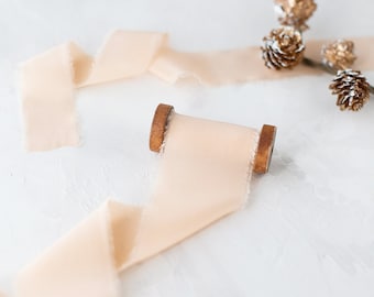 Peach Champagne Crepe de Chine Silk Ribbon: Hand-Dyed, Frayed Edge • 5/8" • 1.25" • 2"