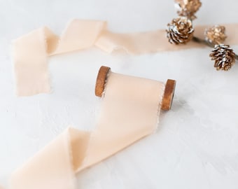 Peach Champagne Hand-Dyed Frayed Edge Crepe de Chine Silk Ribbon • 5/8" • 1.25" • 2"