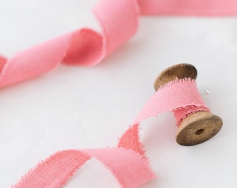 Flamingo Pink Linen-Cotton Blend Frayed Edge Ribbon • 1" • 1.5"