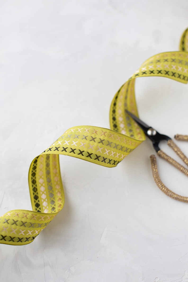 Chartreuse Green Embroidered Crosshatch Lightly-wired Ribbon • 1.5 ...