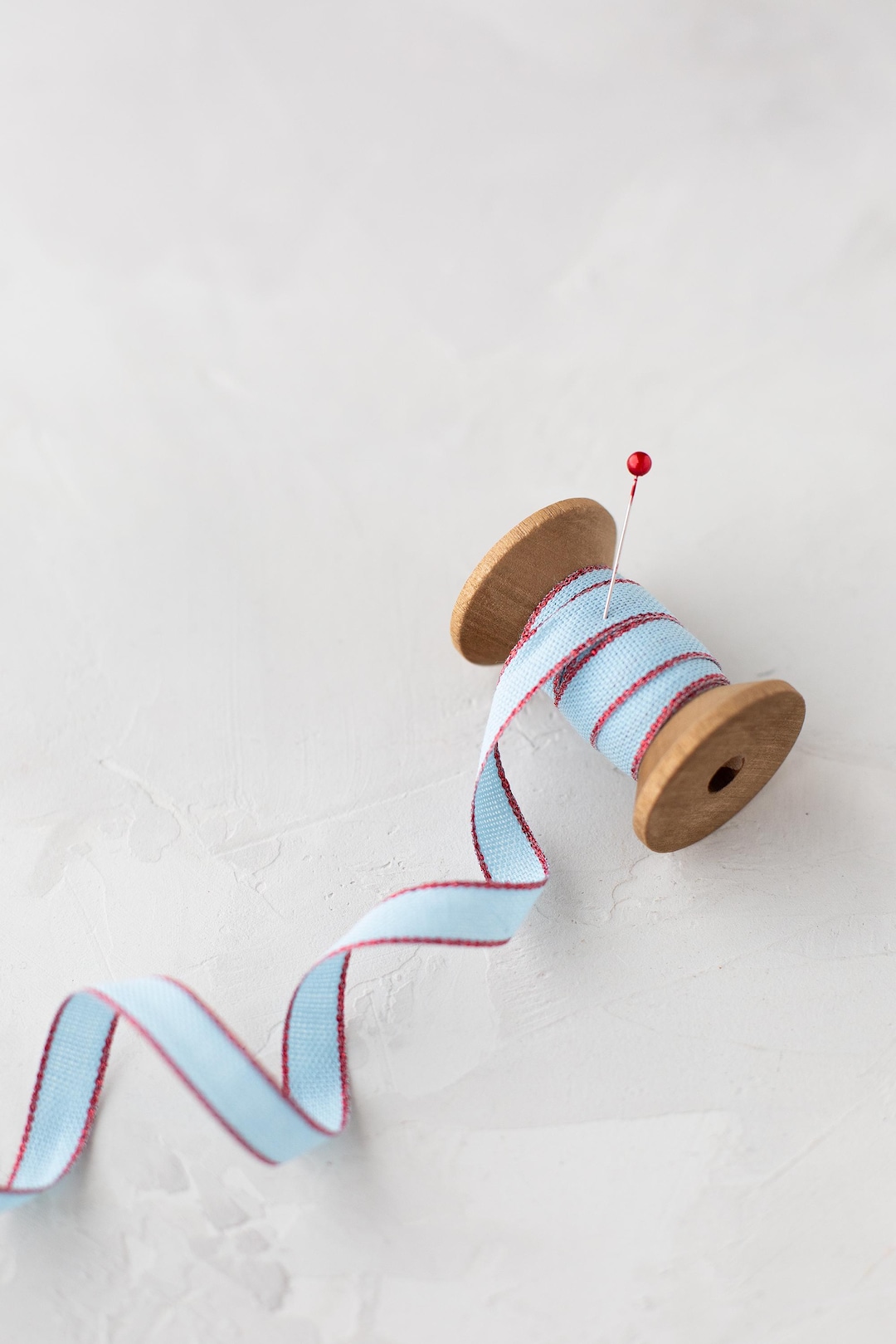 Light Blue Ribbon Reed Light Blue + Red Metallic Edge Cotton Ribbon • 3/8