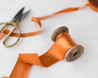 Burnt Orange Bias-Cut Hand-Dyed Silk Charmeuse Ribbon • 1/2" • 5/8" • 1" •  1.5" • 2.5"