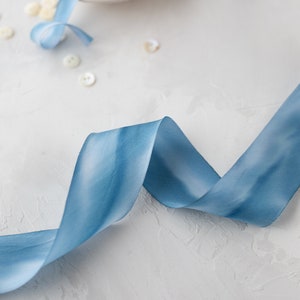 Sea Blue Variegated Bias-Cut Hand-Dyed Silk Charmeuse Ribbon 1/2 5/8 1 1.5 2.5 image 2