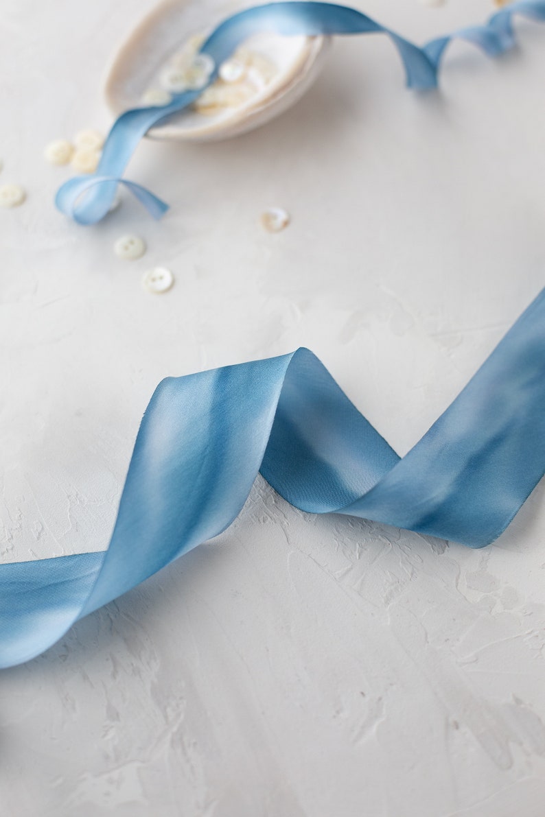 Sea Blue Variegated Bias-Cut Hand-Dyed Silk Charmeuse Ribbon 1/2 5/8 1 1.5 2.5 image 2