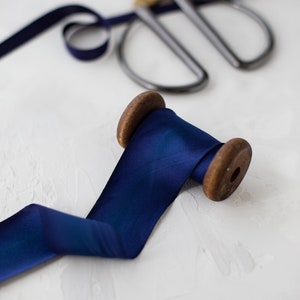 Deep Cobalt Blue Variegated Bias-Cut Hand-Dyed Silk Charmeuse Ribbon 1/2 5/8 1 1.5 2.5 image 2