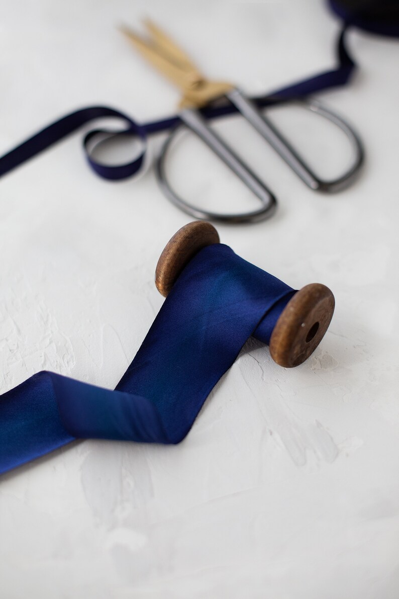 Deep Cobalt Blue Variegated Bias-Cut Hand-Dyed Silk Charmeuse Ribbon 1/2 5/8 1 1.5 2.5 image 2