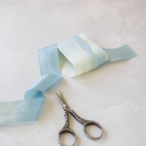 Blue Ivory Dip-Dye Variegated Two-Tone Habutai Silk Ribbon: Hand-Dyed, Woven Edge • 1/4&quot; • 1.25&quot;