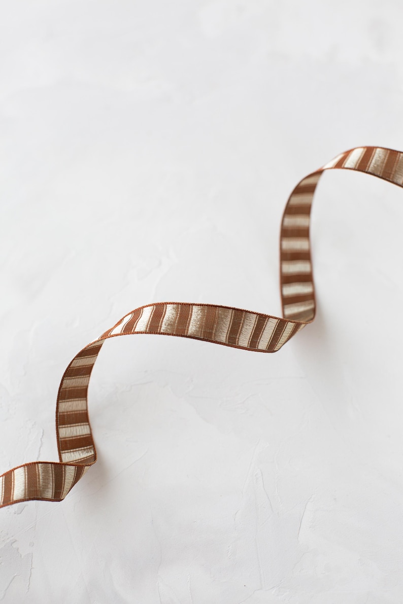 Tan Striped Ribbon Brown + Taupe Embroidered Horizontal Stripe French Wired Taffeta Ribbon ...