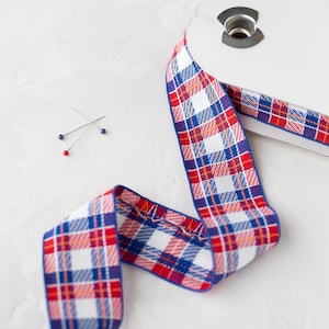 Red White Blue Woven Plaid Cotton Ribbon Trim • 2" • VINTAGE BTY