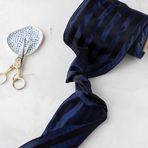 Deep Blue + Black Stripe Shimmer French Taffeta Lightly-Wired Ribbon • 5&quot;