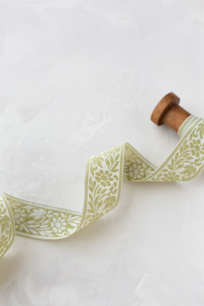 Sage Green + Cream Floral Mirrored Woven Jacquard Ribbon • 1.18