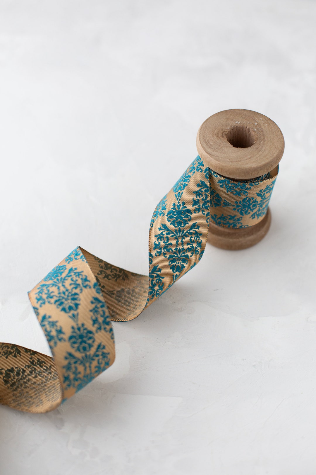 Golden Beige + Turquoise Blue Baroque Floral Lightly-wired Ribbon • 1.5 ...