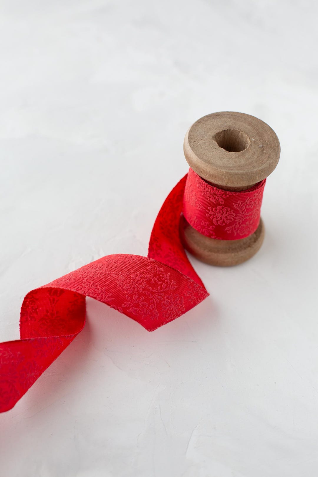 Red Baroque Floral Lightly-wired Ribbon • 1.5