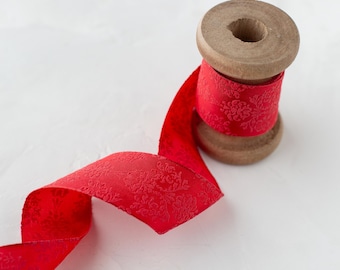 Red Baroque Floral Lightly-Wired Ribbon • 1.5"
