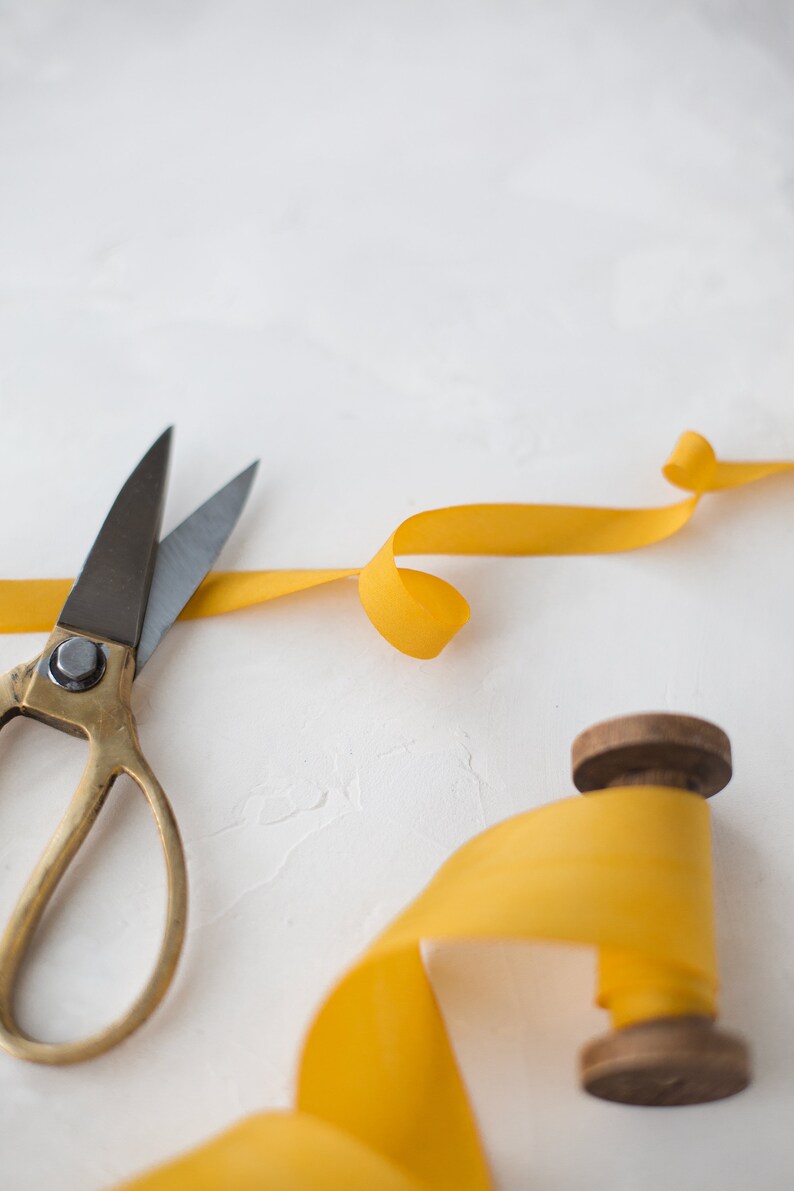 Mustard Marigold Bias-Cut Hand-Dyed Silk Ribbon 1/2 5/8 1 1.5 2.5 image 3