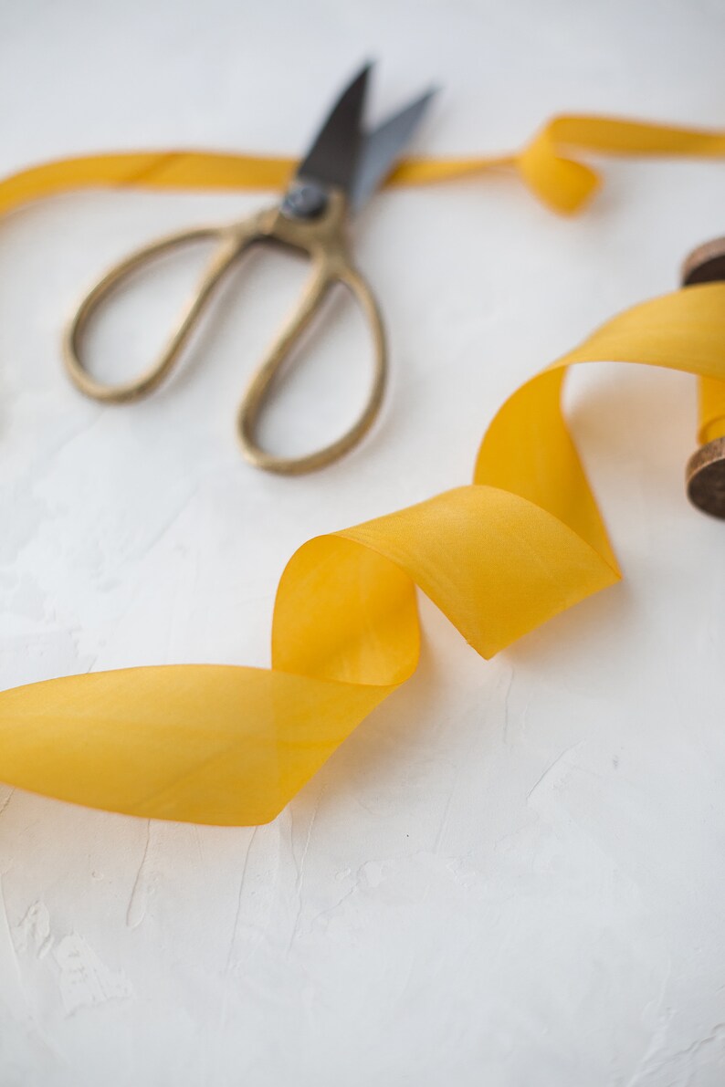 Mustard Marigold Bias-Cut Hand-Dyed Silk Ribbon 1/2 5/8 1 1.5 2.5 image 2