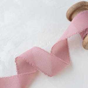 Dusty Rose Pink Faux Silk Chiffon Ribbon: Frayed Fringe Edge • 1