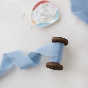 Dusty Blue Gray Crepe de Chine Silk Ribbon: Hand-Dyed, Frayed Edge • 5/8&quot; • 1.25&quot; • 2&quot;