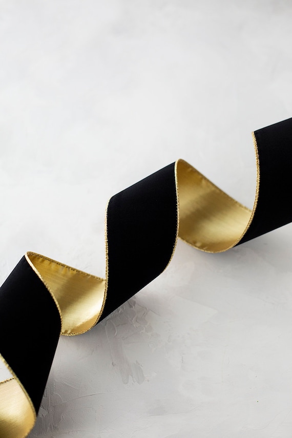 Black Velvet Wired Ribbon W/ Gold Metallic Lamé Backing 10 Yards 2-1/2 4 