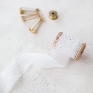 White + Gold Metallic Mini Polka Dot Hand-Dyed Frayed Edge Georgette Crepe Silk Ribbon • 1.25"