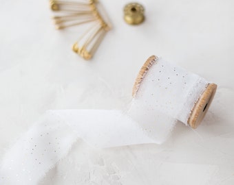 White + Gold Metallic Mini Polka Dot Hand-Dyed Frayed Edge Georgette Crepe Silk Ribbon • 1.25"