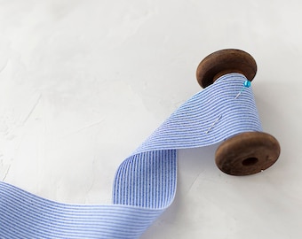 Classic Blue + Natural Striped Washed Faux Linen Ribbon • 1.5"