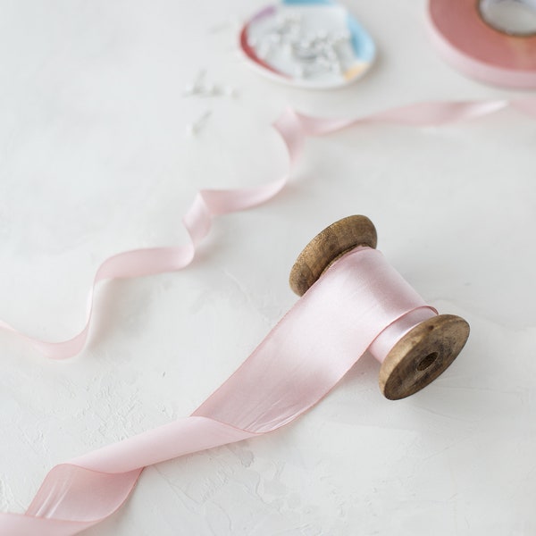 Blush Pink Bias-Cut Hand-Dyed Silk Charmeuse Ribbon • 1/2" • 5/8" • 1" •  1-1/2" • 2-1/2"