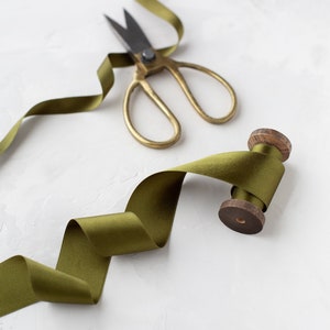 Olive Green Silk Satin Ribbon: Double-Faced, Woven Edge • 1/8&quot; • 1/4&quot; • 3/8&quot; • 1/2&quot; • 5/8&quot; • 3/4 • 1&quot; • 1.5&quot; • 2&quot;