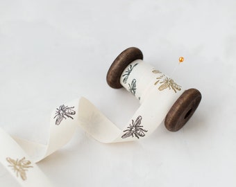 Black + Taupe Bee Printed Woven Cotton Ribbon • 3/4"