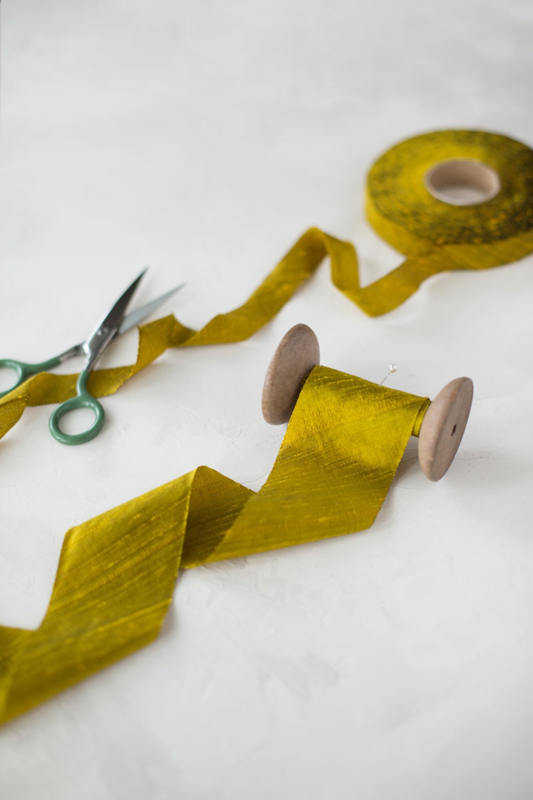 Gold Chartreuse Bias-cut Dupioni Silk Ribbon: Raw Edge • 3/4