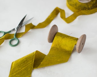 Gold Chartreuse Bias-Cut Dupioni Silk Ribbon • 3/4" • 2"