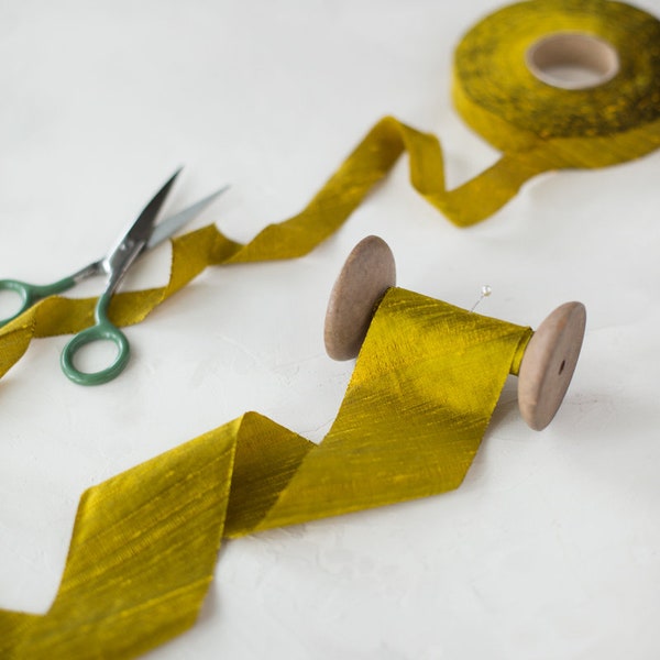 Gold Chartreuse Bias-Cut Dupioni Silk Ribbon • 3/4" • 2"