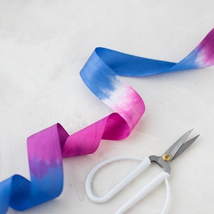 Blue Fuchsia White Dip-Dye Variegated Three-Tone Hand-Dyed Habutai Silk Ribbon • 1/4&quot; • 1.25&quot;