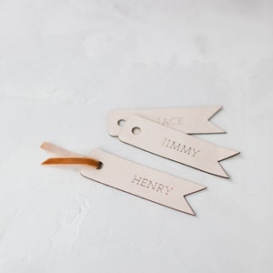 Genuine Leather Name Tag w/ Velvet Ribbon Custom Laser Cut Engraved Natural / Saddle / Tobacco image 3