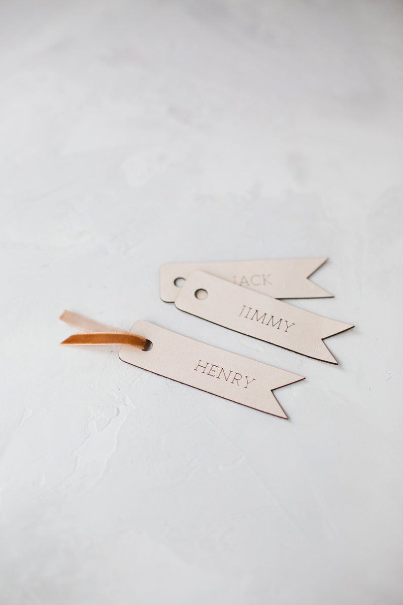 Genuine Leather Name Tag w/ Velvet Ribbon Custom Laser Cut Engraved Natural / Saddle / Tobacco image 3