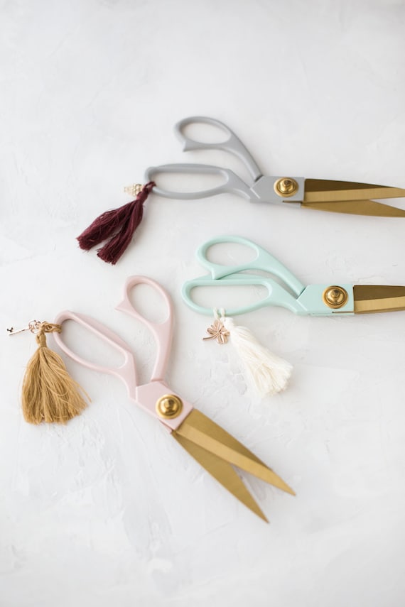 Pastel Painted Metal Crafting Scissors W/ Gold Details Tassel Charm 7-3/4  Gray Taupe / Mint Green / Blush Pink 