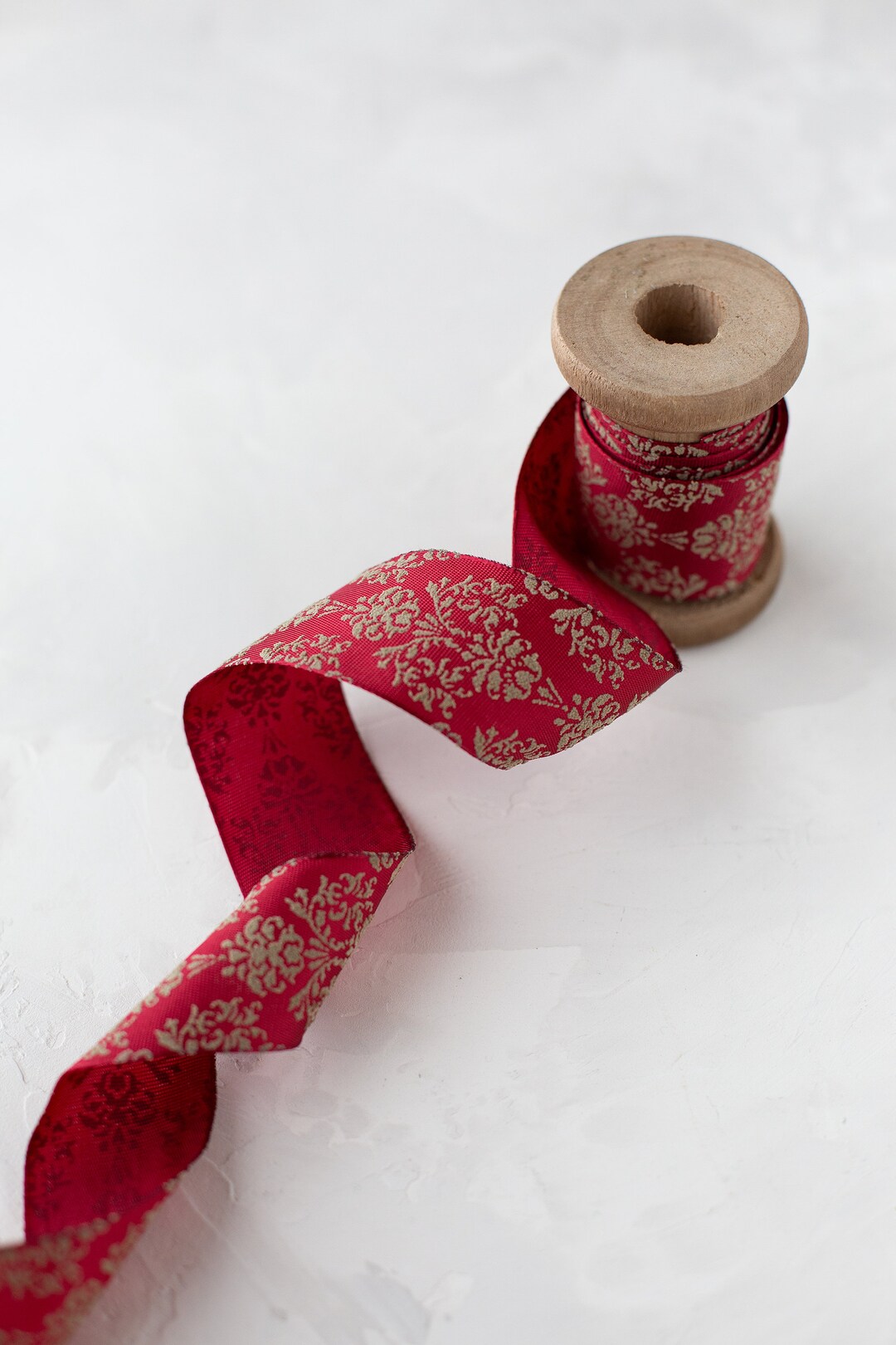 Burgundy Red + Beige Taupe Baroque Floral Lightly-wired Ribbon • 1.5 ...