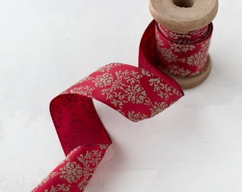 Burgundy Red + Beige Taupe Baroque Floral Lightly-Wired Ribbon • 1.5"
