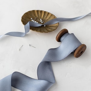 Deep Blue Gray Bias-Cut Hand-Dyed Silk Charmeuse Ribbon • 1/2&quot; • 5/8&quot; • 1&quot; •  1.5&quot; • 2.5&quot;