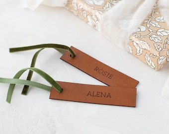 Genuine Leather Name Tag w/ Velvet Ribbon • Custom Laser Cut + Engraved • Natural / Saddle / Tobacco