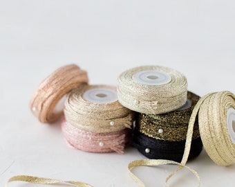 Metallic Braided Soft Knit Ribbon • 1/4" • Rose Champagne / Copper Rose / Champagne / Ivory / Gold / Black + Gold / Black / Silver / White