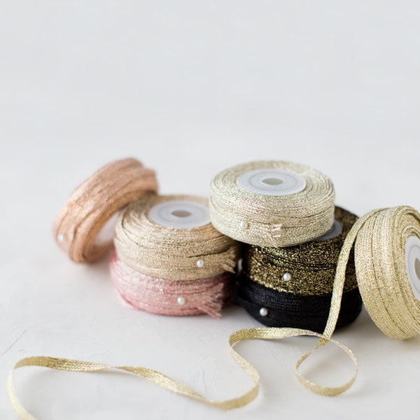 Metallic Braided Soft Knit Ribbon • 1/4" • Rose Champagne / Copper Rose / Champagne / Ivory / Gold / Black / Silver / White / Blue / Mauve