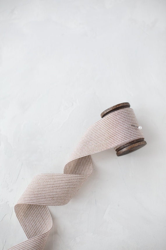 Brown + Natural Striped Washed Faux Linen Ribbon • 1-1/2